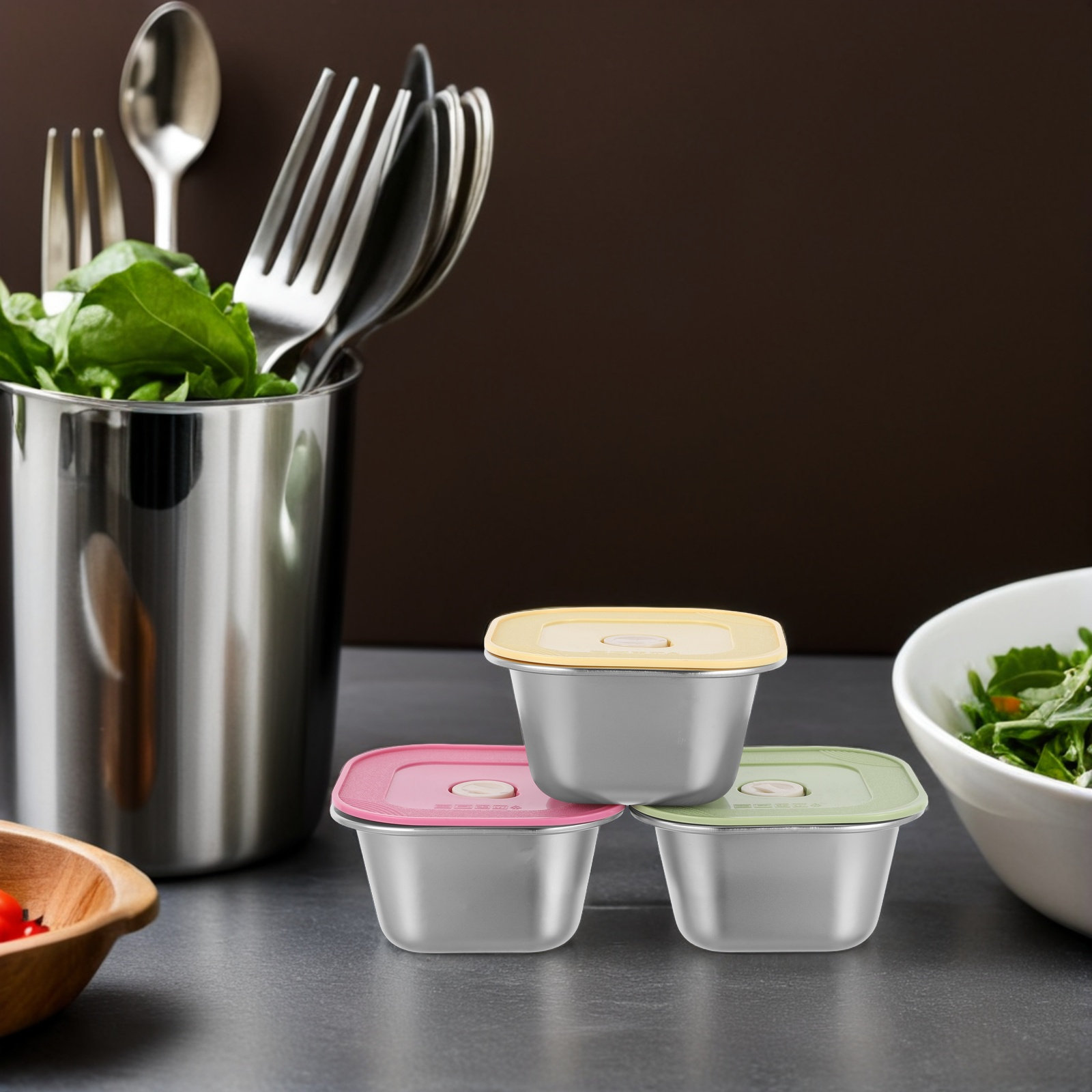 Food Prep Snacks - 3 stuks roestvrijstalen snackcontainers, stapelbaar, lekvrij,