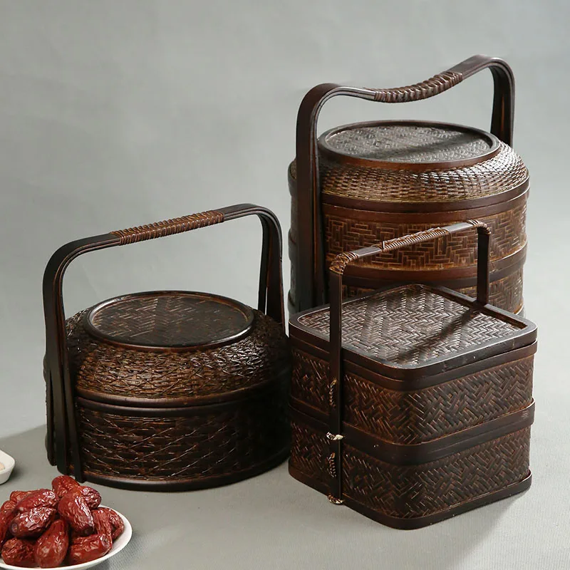 Food Snacks Hamper - Bamboe picknickmand met deksel, meerlaags, voor